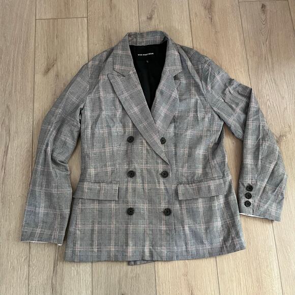 Who What Wear Women's Gray & Pink Plaid Double Breasted Blazer Sz M - Picture 1 of 6